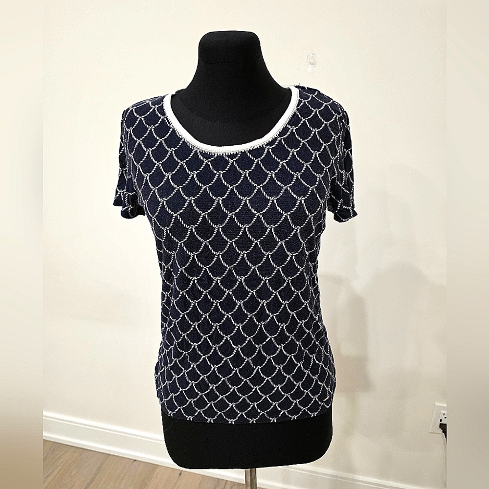 Tommy Hilfiger Navy and White Net Print Rayon Short Sleeve T-Shirt XS